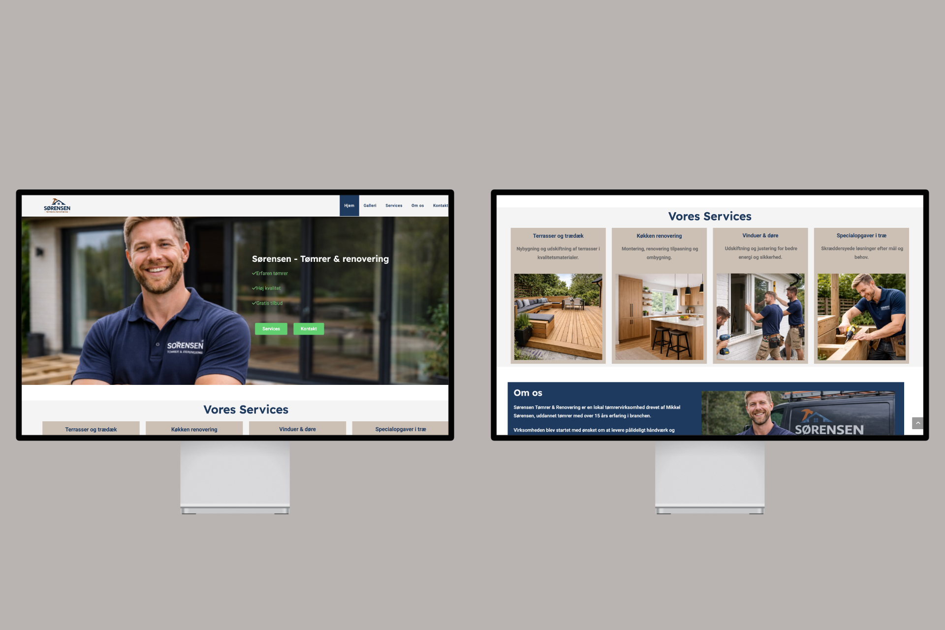 Det færdige website for Sørensen Tømrer & Renovering med forside og services vist på to skærme